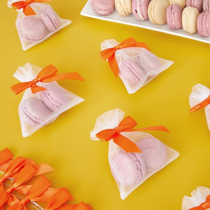 Bright Creations 100 Pack Orange Twist Tie Bows for Treat Bags - 3" Small Satin Ribbons Orange Twist Ties for Craft Decoration, Gift Wrap, Themed Party Favors, Baked Goods