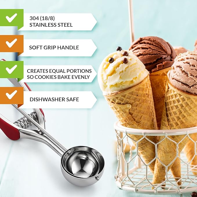 Spring Chef Red Large Stainless Steel Cookie Scoop for Baking - Multifunctional #20 Melon Baller with Trigger Release, 2.93 Tbsp Food Scooper for Ice Cream - Dishwasher Safe Cookie Dough Scoop