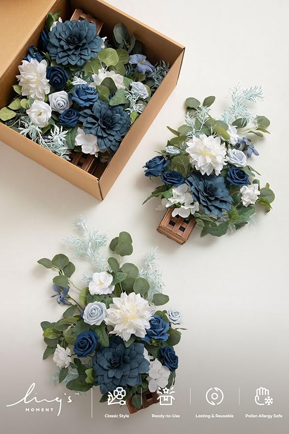 Artificial Flower Arrangements 4 Pack, 17.5 Inch Dusty Blue Navy Wedding Decor