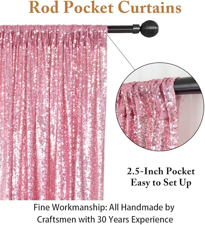 Sequin Backdrop Curtain 8x10 ft Rose Pink with Rod Pocket