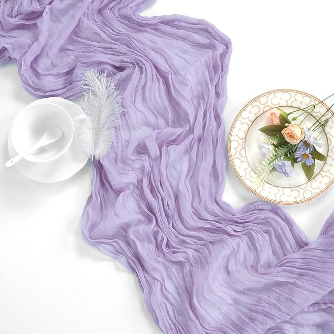 12 Pack Lilac Purple Cheesecloth Table Runner 10ft Boho Gauze Fabric Cheese Cloth Table Runner 35 x 120 Inch Rustic Sheer for Romantic Wedding Decor Baby Shower Party Table Centerpiece Decoration