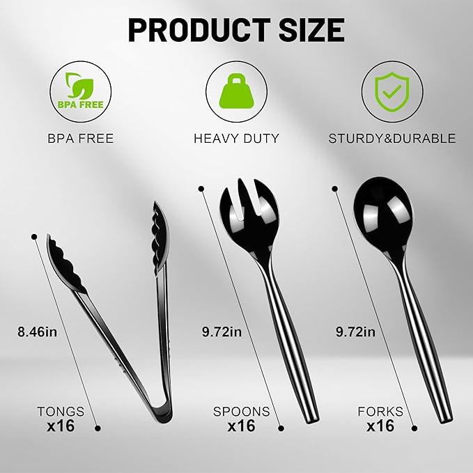 Serving Utensil Set: Black Plastic Spoons, Tongs and Forks