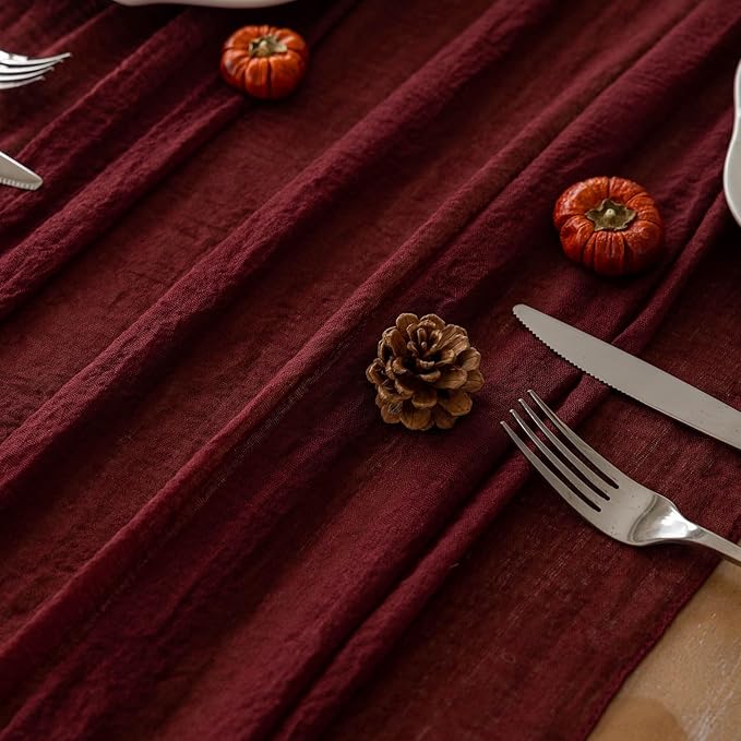 6pcs Burgundy Cheesecloth Table Runner Gauze 120 Inch 10 FT Rustic Boho Cheese Cloth Runner for Wedding Baby Shower Bridal Shower Engagement Birthday Party Long Sheer Home Decorations
