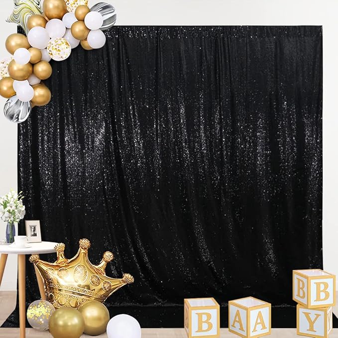 SquarePie Sequin Backdrop Curtain Less See Through Thick Glitter Background for Halloween Party 10FT x 10FT Black