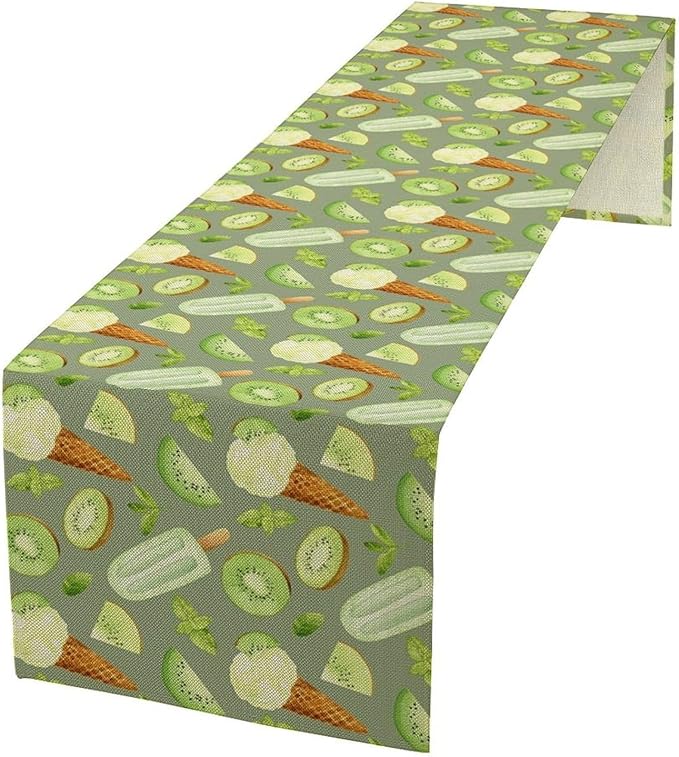 Summer Ice Cream Popsicles Table Runner, Watercolor Green Kiwi Seasonal Fruit Sweet Dessert Dinner Runner for Party Holiday Home Kitchen Dining Table Decor 13"x120"