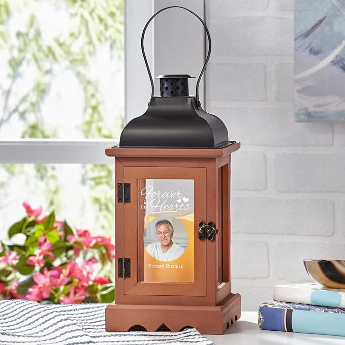 Decorative Candle Lantern, Brown Wood, 12-Inch Personalized Memorial Keepsake