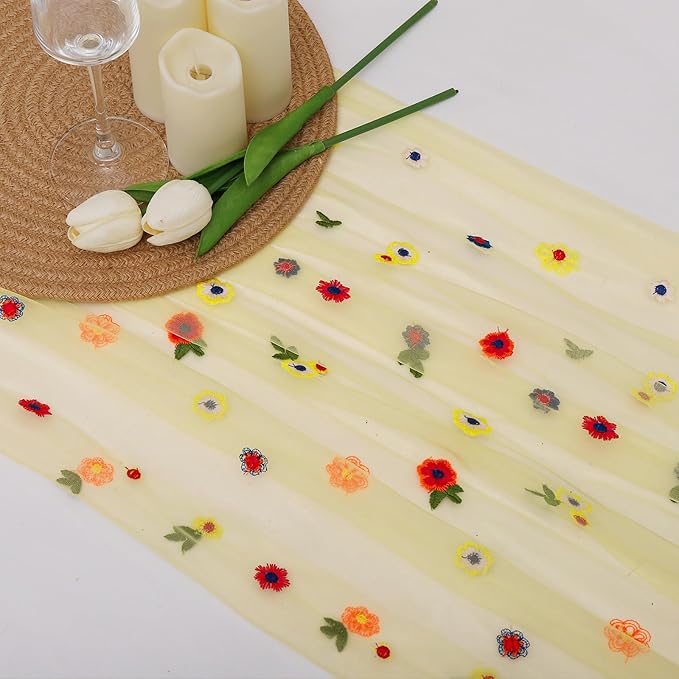 BINBE 6pcs Daisy Fall Table Runner Embroidery Gauze 10FT Florals Seasonal Tulle Holiday Birthday Kitchen Dining Table Decor for Home Party Yellow