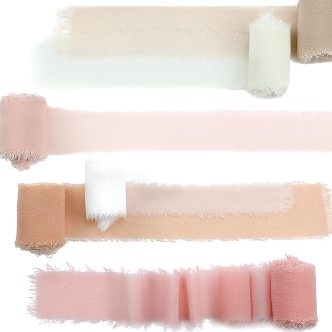 6 Rolls Handmade Fringe Chiffon Silk Ribbon 1.5" x 3 Yd Colorful Ribbon for Wedding Invitations, Bridal Bouquets, Gifts Wrapping, DIY Crafts(Nude Pink Set)
