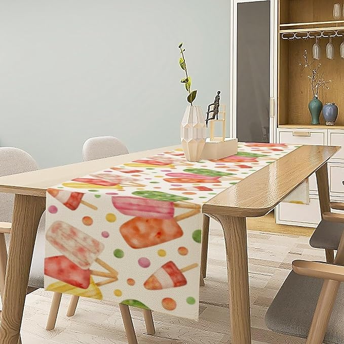 Summer Popsicles Table Runner, Watercolor Colorful Fruit Ice Cream Pops Berry Kiwi Cold Summer Sweet Seasonal Dinner Runner for Party Holiday Home Kitchen Dining Table Decor 13"x60"