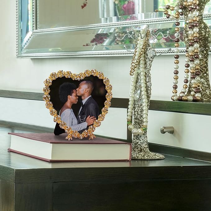 Tabletop Picture Frame, Heart Shaped, Jeweled, Silver and Gold Finish