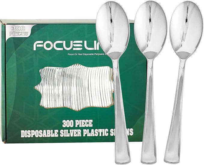 Disposable Plastic Spoons, 300 Count, 6.8-Inch Silver Finish