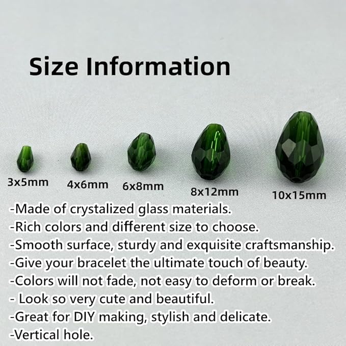 130pcs 6x8mm Teardrop Crystal Glass Beads for Jewelry Making, Faceted Vertical Hole Teardrop Glass Spacer Beads for Wind Chimes Bracelet Earring Necklace DIY Craft(Dark Green)