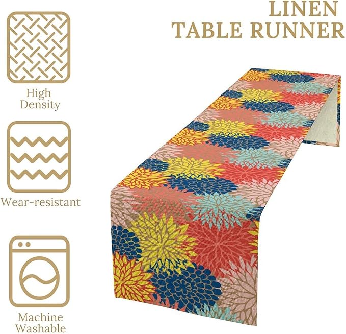 Dahlia Flowers Table Runner Colorful Floral Teal Grey Pink Yellow Blue Abstract Table Runner Kitchen Dining Party Decor Living Room, 13x36 Inch