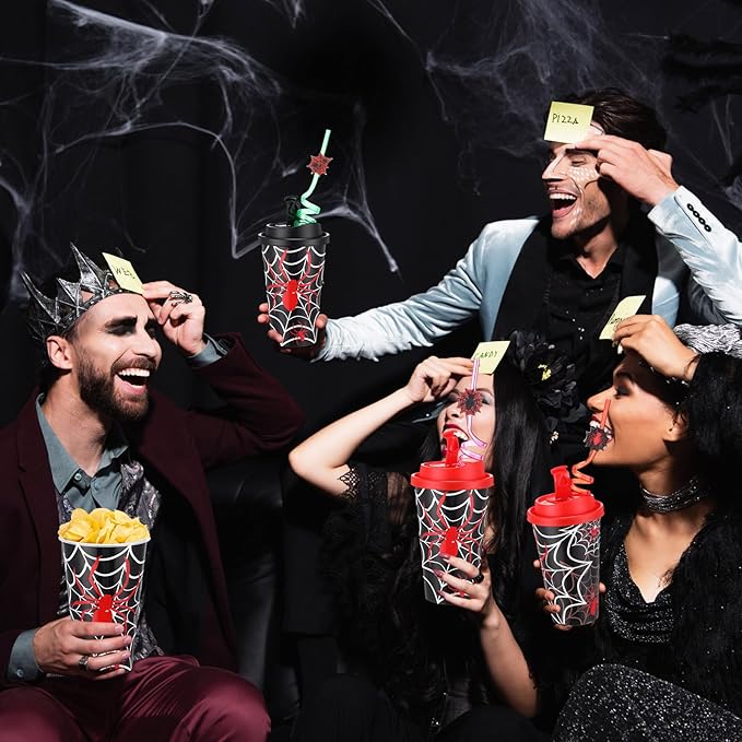 Yungyan 24 Sets Spider Party Favors Goodie Cups with Lids and Straws for Halloween Party Decorations Reusable 16oz Plastic Candy Cups Plastic Straws for Birthday Gift (Spider)