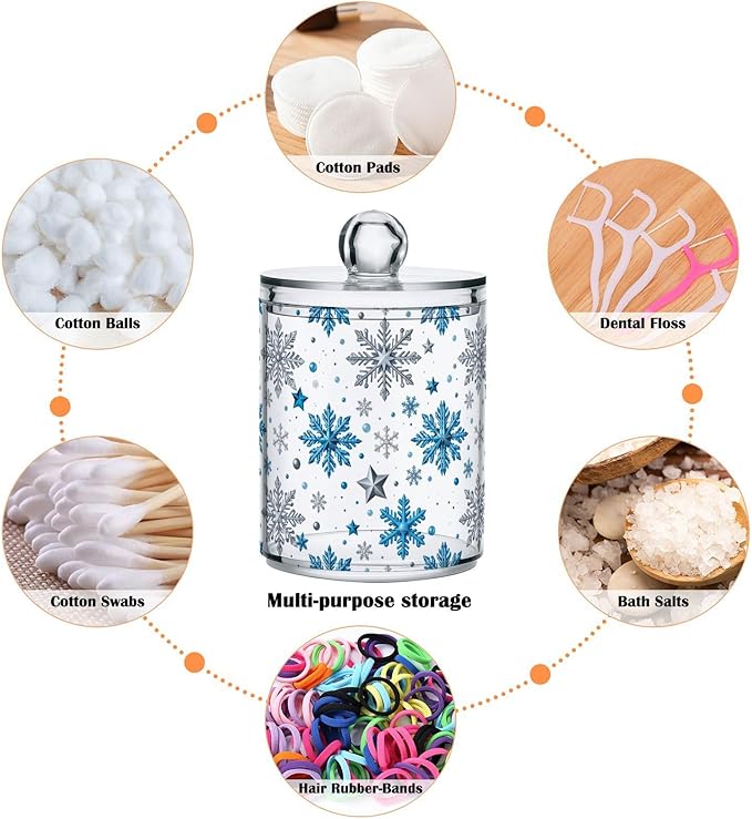 Gredecor Christmas Winter Qtip Holder Dispenser 2 Pack Silver Blue Glitter Snowflakes Bathroom Decorative Storage Canister Holder Counter Vanity Organizer for Cotton Ball Swabs Pads Floss