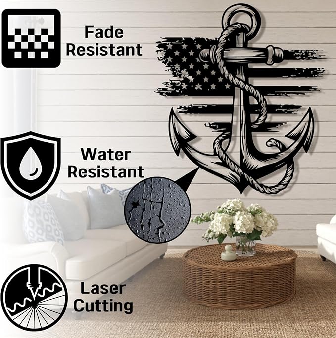 lunwall Metal Anchor Wall Decor, Anchor Metal Sign, Metal Anchor Decor, Anchor Metal Wall Art, Metal Nautical Wall Decor, Metal Wall Decor Coastal, Anchor Wall Decor (silver, 35L x 32W / 90 x 81 cm)