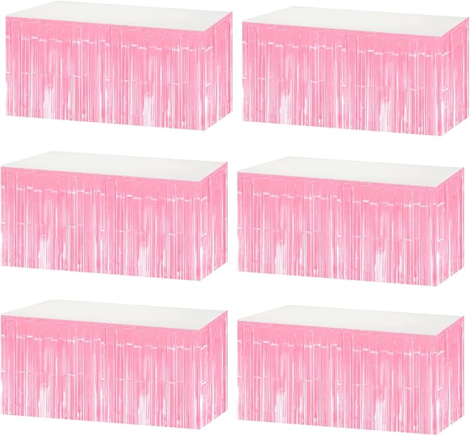 6 Pack 29x108 Inch Metallic Foil Fringe Tinsel Table Skirts Banner for Rectangle Tables Streamer Garland Curtains Backdrop for Birthday, Parade Floats, Valentine's Day Party Decoration(Macaron Pink)