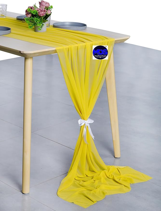 MDS 25 Pack 10ft Chiffon Table Runner 29 x 120 Inches Sheer Wedding Runner Romantic Rustic Table Runner for Wedding Decorations, Birthday Parties, Bridal Shower Party Arch Decor - Yellow