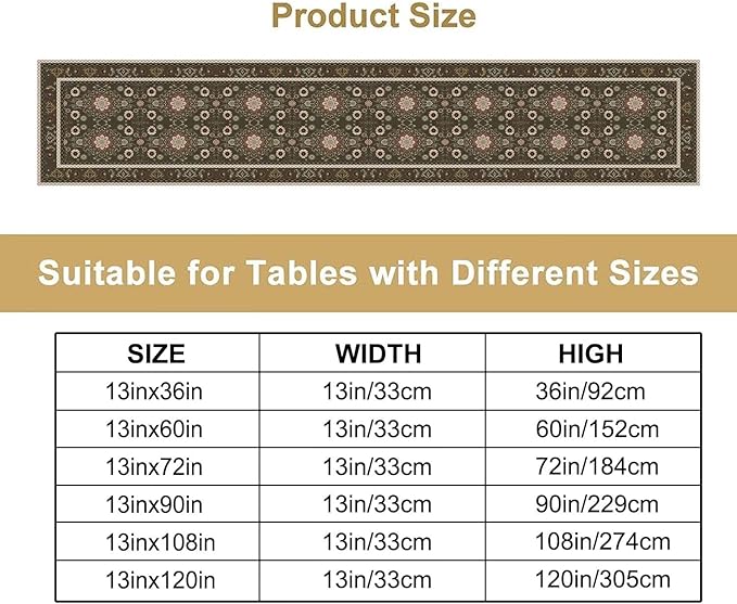 Vintage Boho Floral Table Runner, Rustic Country Farmhouse Brown Bohemia Flower Pattern for Home Kitchen Table Decor Dining Coffee Room Party Decor 13x120in