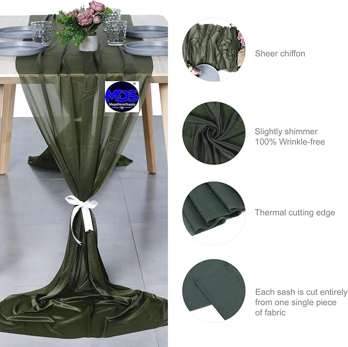 MDS Halloween Chiffon Table Runner - 15 Pack, 29 x 170 Inches, 14ft Each - Sheer Spooky Table Runners for Haunted House Parties, Trick-or-Treat Tables, Witchy Décor, Wedding & Events - Olive Green