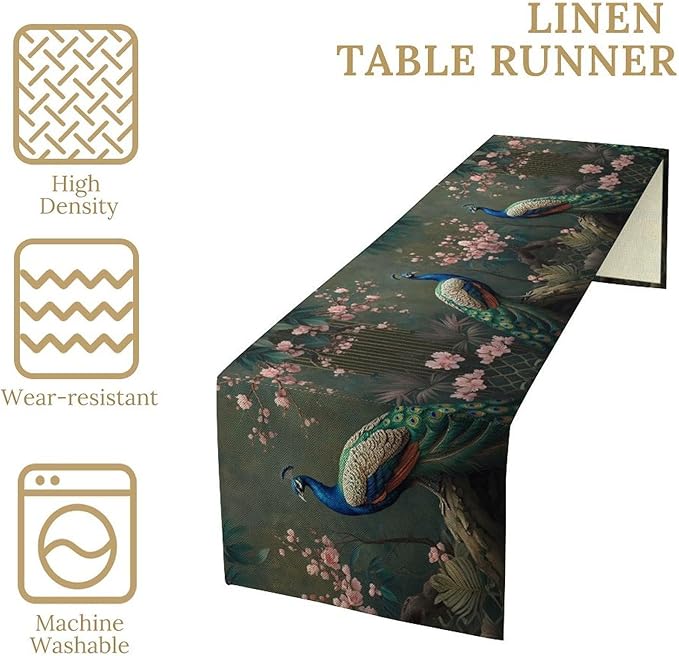 Peacock Table Runner,Vintage Aesthetic Peacock Birds Table Runner for Home Kitchen Dining Party Indoor Outdoor Decoration 13x36 Inch