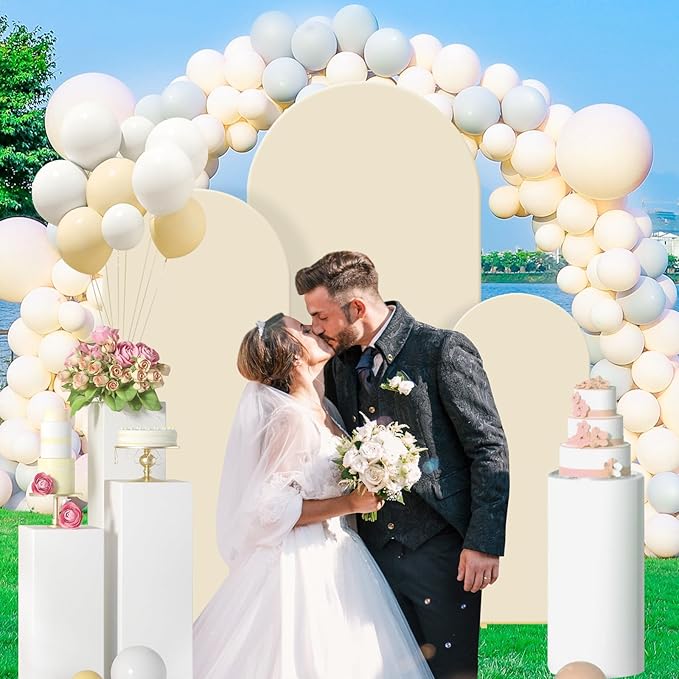 Metal Wedding Arch Backdrop Stand Set of 3 in Beige with Gold Finish