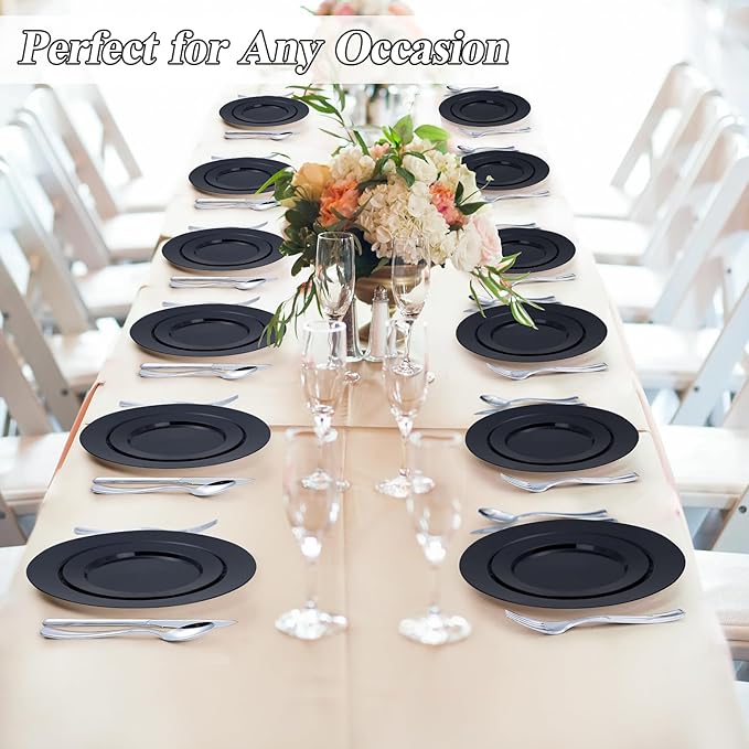 100PCS Black Plastic Plates Set, 50 10.25 inch Dinner Plates and 50 7.5 inch Dessert Plates, Premium Disposable Plates for Party, Wedding,Halloween