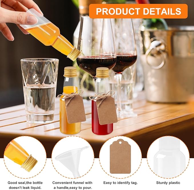 96 Pcs Mini Liquor Bottles Set, 30 Pcs 2oz Plastic Alcohol Bottles with Gold Cap, 30pcs Kraft Tags and 6pcs Funnels with 30pcs Ropes, Miniature Bottle Bulk for Wedding Birthday Christmas Party Favor