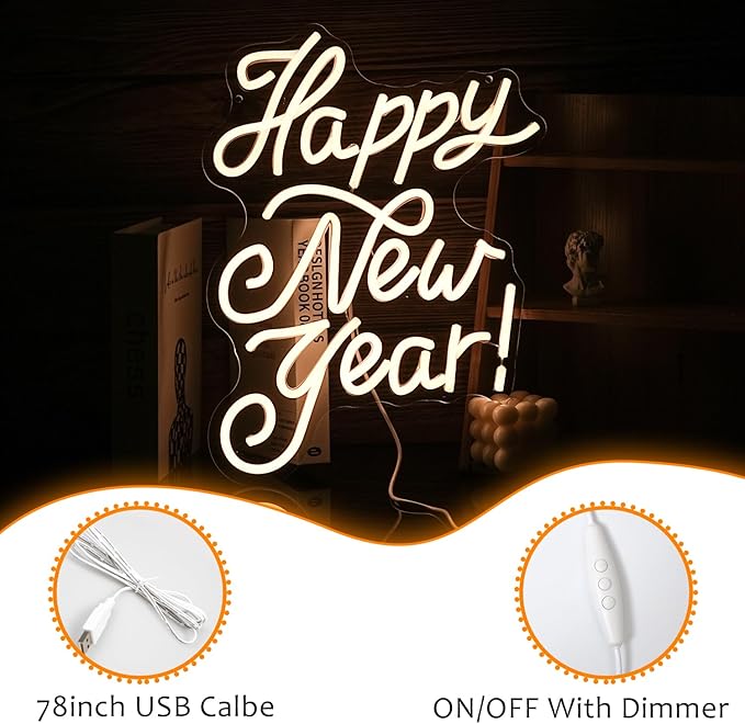 Happy New Year Neon Sign Warm White Led Neon Lights for Wall Decor Usb New Year Light Up Signs for New Year Party Decor Home Bedroom Indoor Decorations