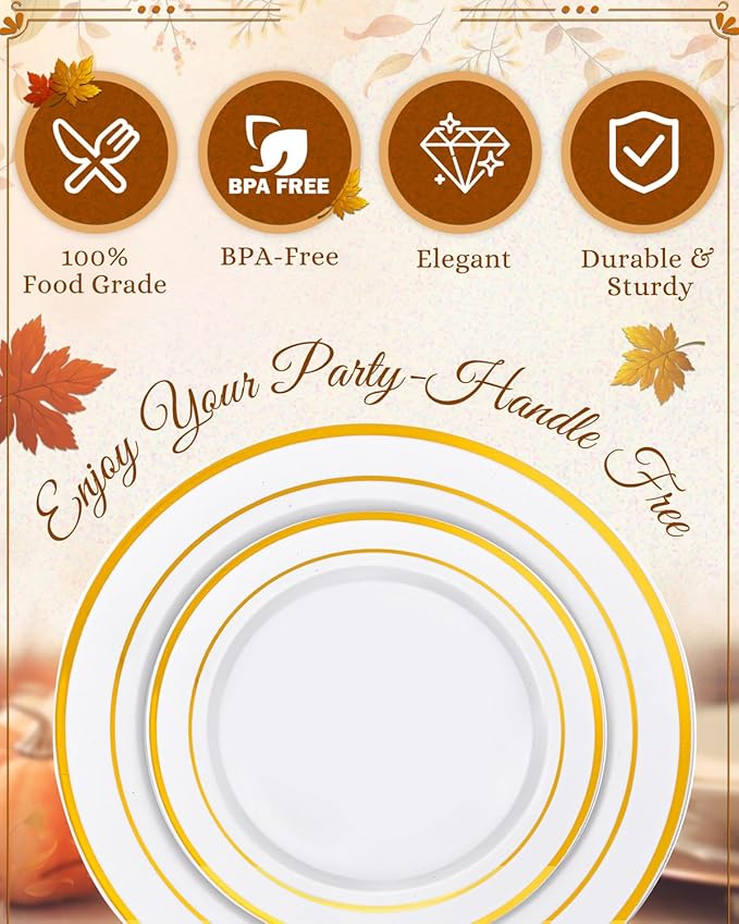 Round Gold Trim Plastic Plates Set, 150 Pieces for Parties