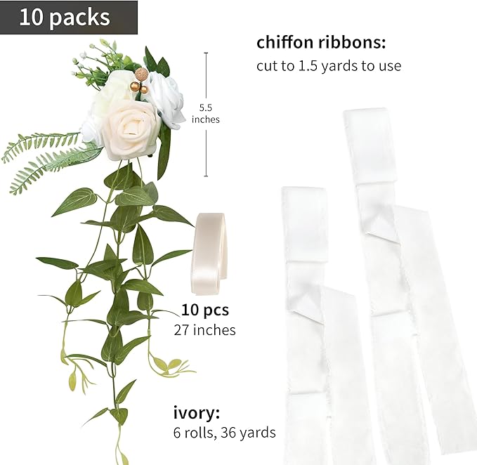 Artificial Pew Flowers, Set of 10, White Roses with Ivory Chiffon Ribbons