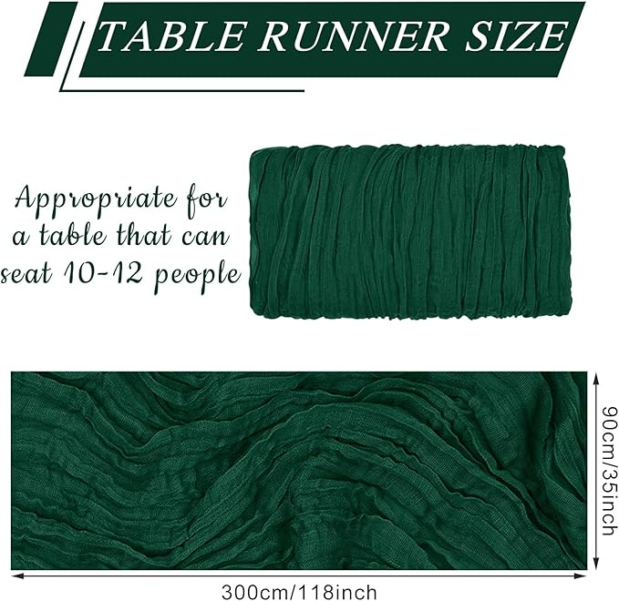 12 Pack Cheesecloth Table Runner 10Ft Christmas Gauze Boho Table Runners for Wedding Decor Bridal Shower Decorations Baby Shower Party(35" x 120")(Emerald Green)