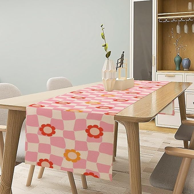 Vintage Floral Table Runner,60s Retro Color Funky Hippie Print Table Cloth Kitchen Dining Table Home Party Decoration 13x108 Inch