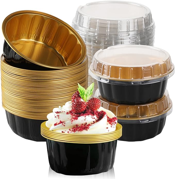 Baking Cups with Lids, 8 oz Aluminum Foil, 100 Count, Black and Gold