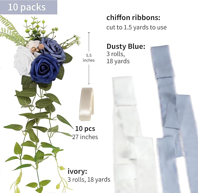 Artificial Rose Pew Flowers, Blue, Set of 10 with Chiffon Ribbon
