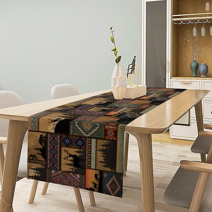 Rustic Cabin Bear Aztec Table Runner, Retro Brown Bear Rustic Theme Geometry Decoration for Home Dinner Party Living Room Bedroom Table Runner 13x108 Inch