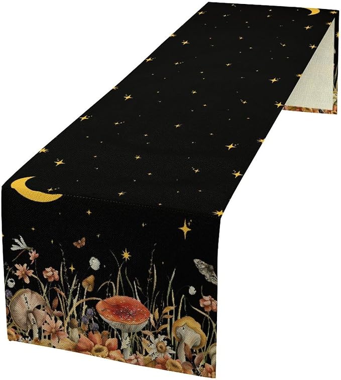 Mushroom Kitchen Table Runner, Gothic Moon Star Plants Witchy Moonlit Flower Butterfly Table Runner for Kitchen Party Living Room Drapes, 13x36 Inch Black