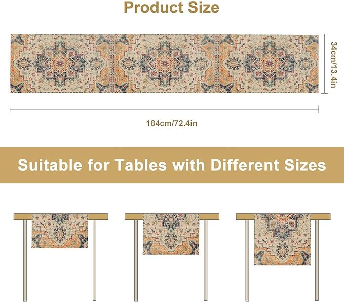 Bohemia Orange Table Runner, Rustic Farmhouse Vintage Geometric Floral Print Table Cover for Home Kitchen Dining Table Party Decor, 13x60inch