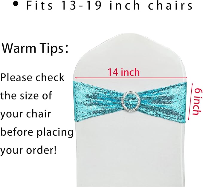 25 Pcs Chair Sashes Sequin Stretch Chair Bands Spandex Polyester Bows for Party Hotel Wedding Banquets Decoration - Aqua