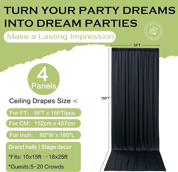 PartyVillage 20ft×15ft Black Backdrop Curtain for Halloween Parties, 4 Panels Wrinkle Free 15 FT Long Polyester Photo Backdrop Drapes Back Drop Cloth for Birthday Photography Background