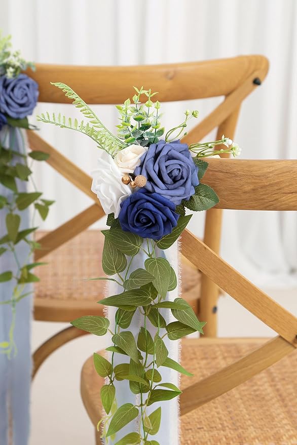 Artificial Rose Pew Flowers, Blue, Set of 10 with Chiffon Ribbon