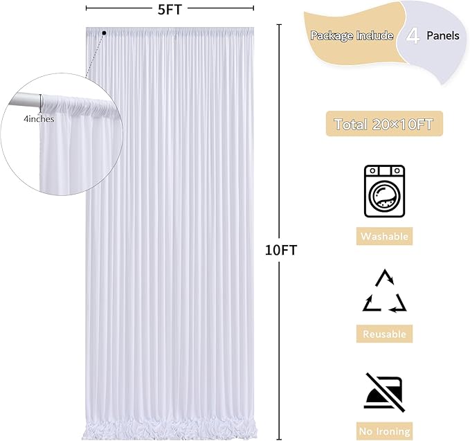 20 ft x 10 ft Wrinkle Free White Backdrop Curtain for Wedding Parties, Polyester Photo Backdrop Drapes for Baby Shower Birthday Party Backdrop Stand, Bulk Thick Background Curtains 5x10FT 4 Panels