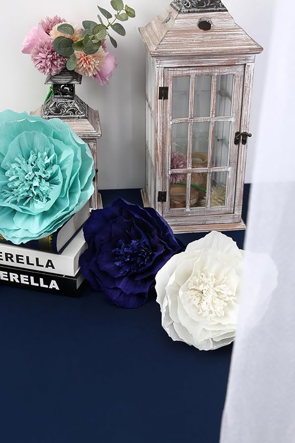 Paper Flower Decorations for Wall, Navy Blue Wedding Backdrop, Baby Boy Nursery Wall Decor, Bridal Shower, Nautical Theme Birthday Party (Navy Blue, Light Blue, White, Set of 6)