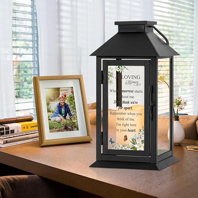 Memorial Candle Lantern, Metal and Glass with Remote Timer, 14.2 Inch