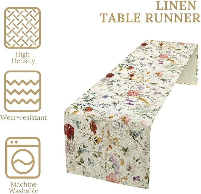 Floral Butterfly Table Runner,Rustic Colorful Flower Botanical Watercolor Pattern Print Burlap for Hotel Indoors Outdoor Dining Room Kitchen Holiday Party, 13x90in
