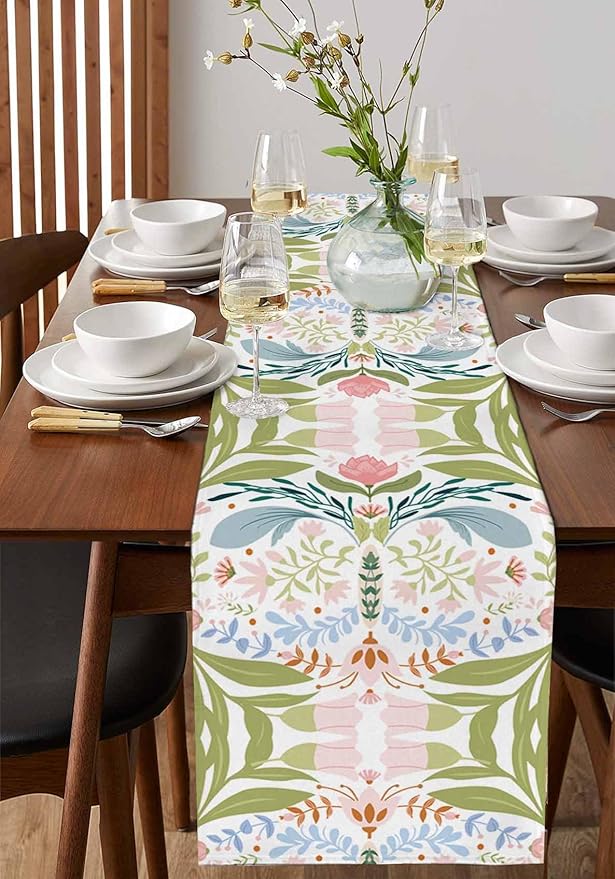 Green Blue Pink Boho Floral Cotton Linen Table Runner for Dining Kitchen, Wedding Outdoor Party Tablerunners Decoration, Retro Bohemian Botanical Dresser Scarf Coffee Tablecloth Runners 13x108 Inches