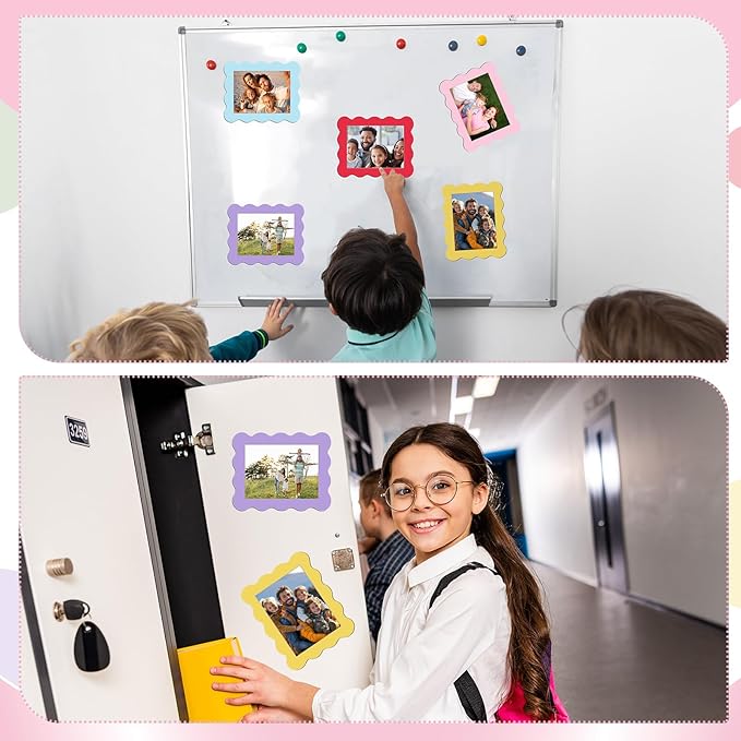 Kingdder 12 Pcs Scalloped Magnetic Picture Frame for Refrigerator 5 x 7 Pastel Reusable Picture Frame Magnets Decorative Photo Holders for Fridge Home School Office Kitchen Locker Decor