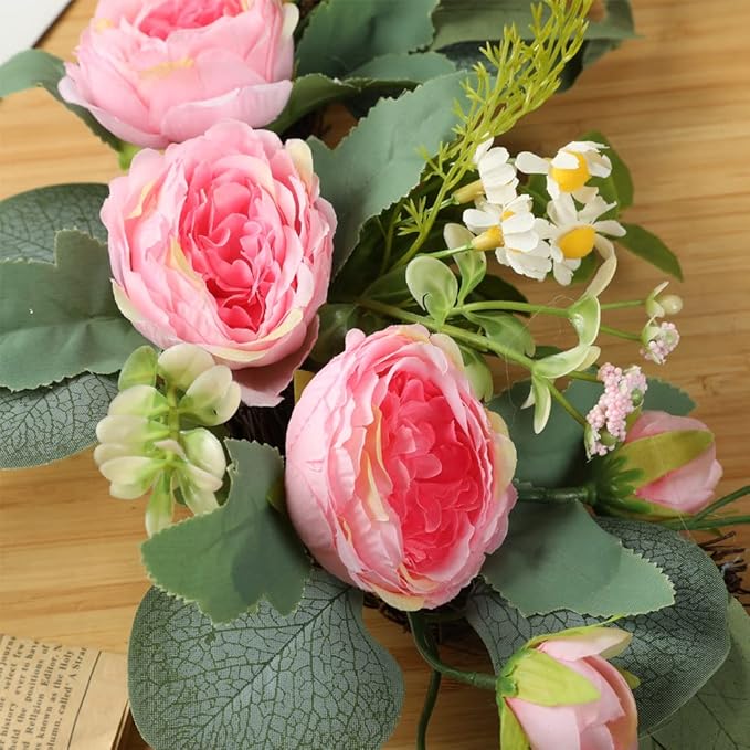 Artificial Flowers Pink Peony Wedding Arch Swag, Green Leaves