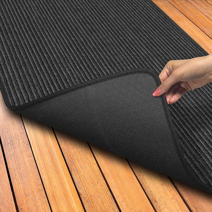 House, Home and More Indoor Outdoor Double-Ribbed Carpet Runner with Skid-Resistant Rubber Backing - Smokey Black - 4 Feet x 20 Feet