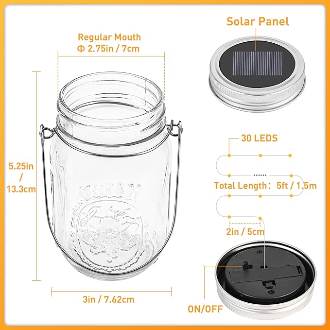 String Lights: Solar Mason Jar Lanterns, 8 Pack with 30 LEDs Each